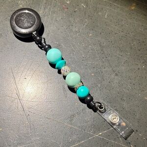 Beaded Turquoise Badge Reel with Rhinestone Accent
